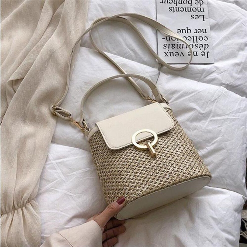 (white, 20x12x21cm) Yogodlns Casual Chains Straw Bucket Bags Women Summer Messenger Bag Rattan Bags Beach Lady Travel Purses And Handbags Shoulder Bag