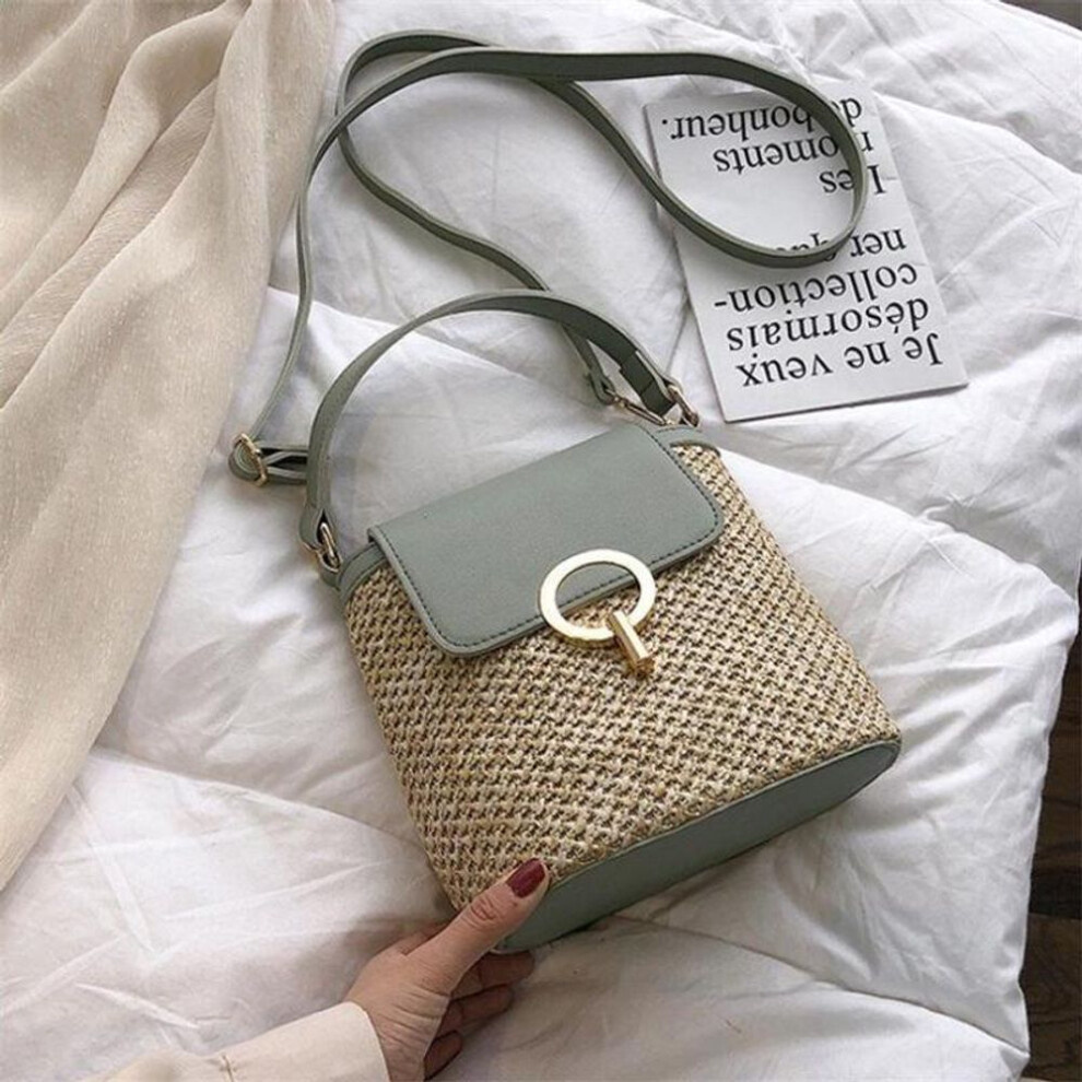 (green, 20x12x21cm) Yogodlns Casual Chains Straw Bucket Bags Women Summer Messenger Bag Rattan Bags Beach Lady Travel Purses And Handbags Shoulder Bag