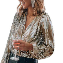 (silver, S) Women Sequin Sparkle V Neck Long Sleeve Shirt For Party