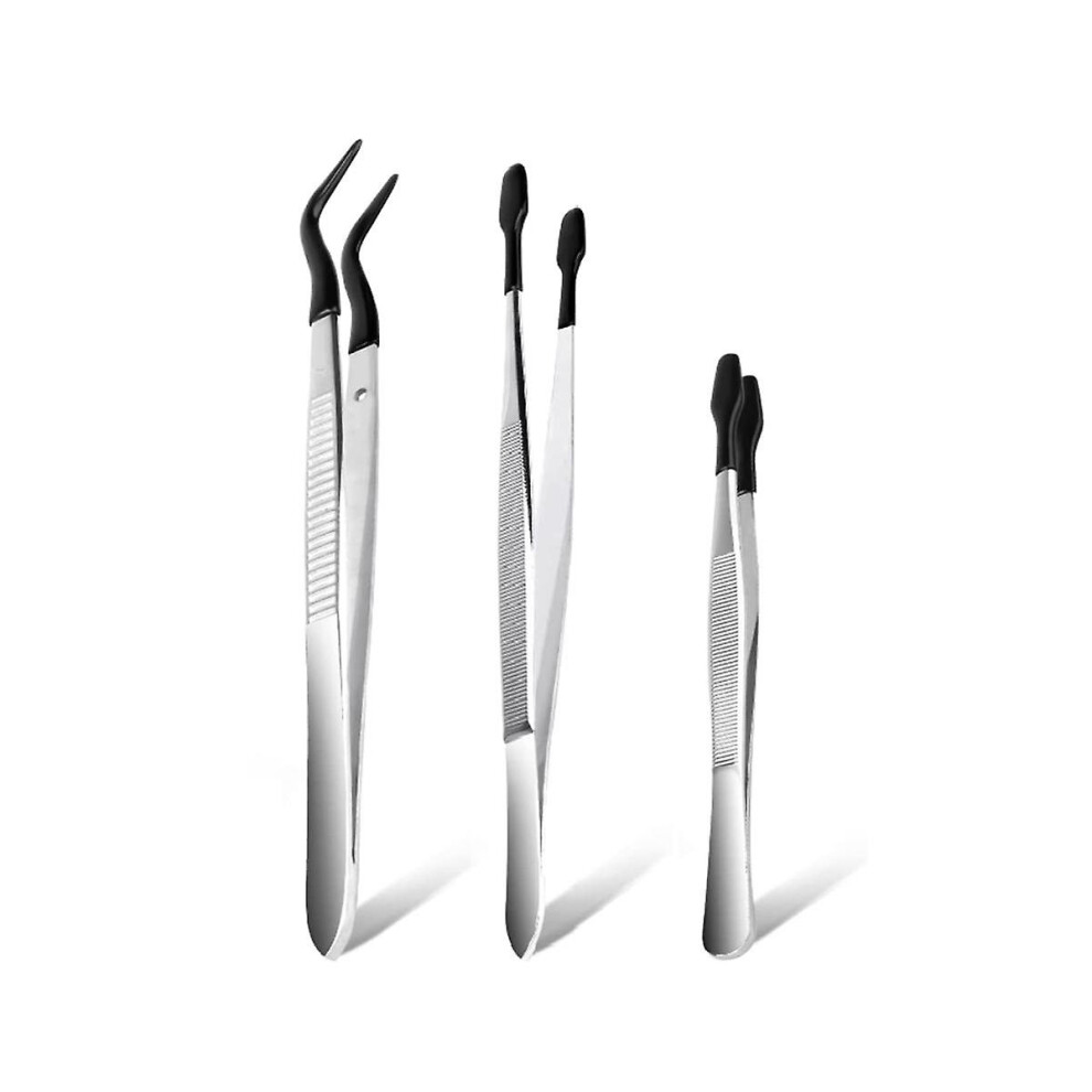 3 Pcs Tip Tweezers With Rubber, Non-marring Silicone Tipped Tweezers Rubber Bent Tip Flat Tweezers