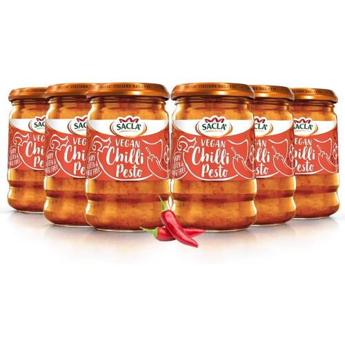 Sacla Italian Vegan Chilli Pesto Perfect w/ Pasta Pizza Garlic Bread and Tagliatelli Made w/ Fresh Basil Leaves Pine Nut & Olive Oil 190g (Pack of 6)