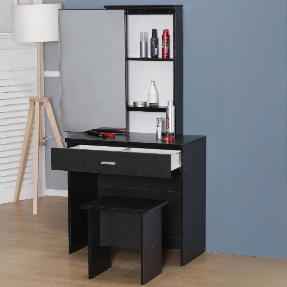 (Black) Dressing Table Set with Mirror Sliding Storage