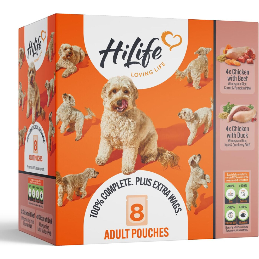 HiLife Adult Wet Dog Food, Mixed Chicken & Meat Recipes, Complete Dog Food Pouches, 100% Natural Ingredients, Chicken & Beef (24 X 150g Pouches)