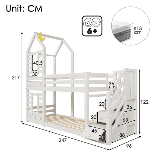 Bunk Bed Storage Children Cabin Bed with Window, Solid Pine Wood, 3FT 1