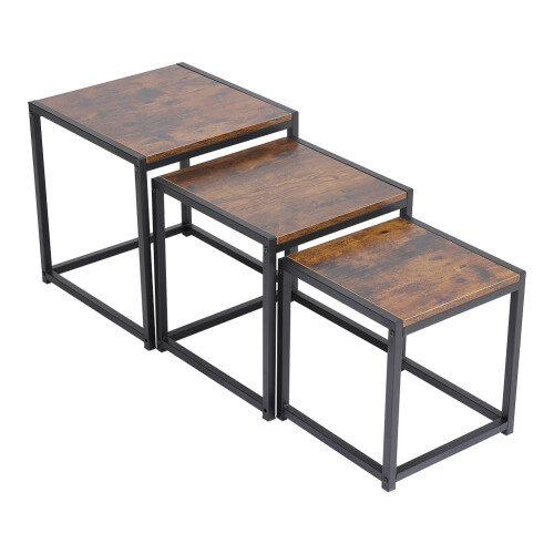 Living And Home Set of 3 Brown Square Nesting Side Tables Coffee Table Set 2