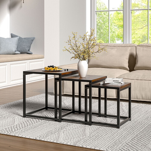 Living And Home Set of 3 Brown Square Nesting Side Tables Coffee Table Set