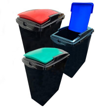 Set Of 3 Black 40L Recycling Interlocking Bins With Colour Coded Lids