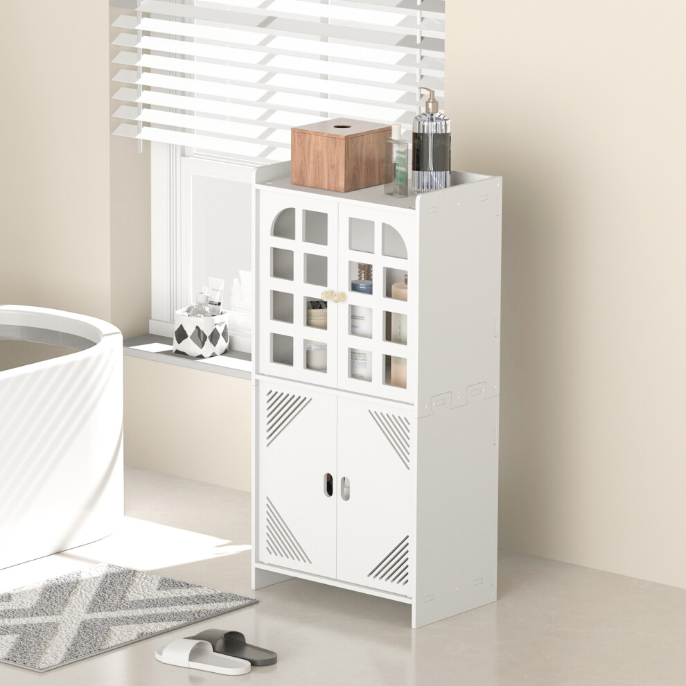 Bathroom Floor Storage Cabinet with 4 Doors Free Standing Cupboard for Tiny Laundry Room