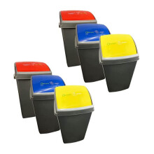 Set Of 6 Grey 50L Commercial Recycling Bins With Colour Coded Lids