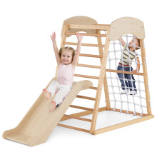 4-in-1 Montessori Jungle Gym Climber Playset with Adjustable Slide, Net & Ladder – Beech Wood Safe & Stable Indoor Toy