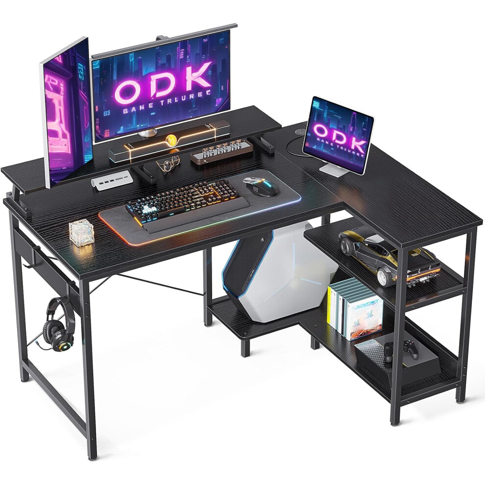 (Black) Gaming Desk with Reversible Storage Shelves, L Shaped Desk with Monitor Stand and PC Stand for Home Office, Computer Desk with Headphone Hooks, Black