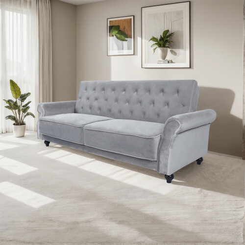 (Grey) Velvet Sofa Bed 225CM 3 Seat Click Clack Sofa 2