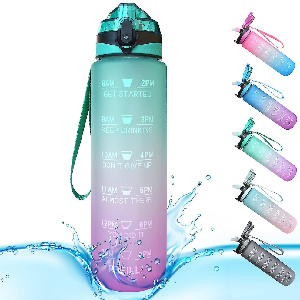 (Style 1) Sports Water Bottle 1 Litre Time Markings And With Straws Bottles Water Bottle Opens Suitable For Fitness Outdoor-image-OPC-PFWRWNV-NEW