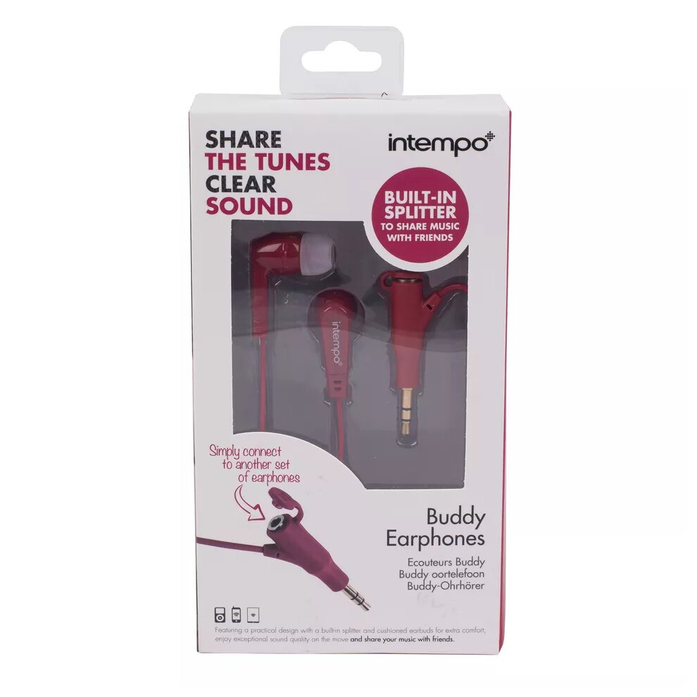 Intempo Buddy Earphones Built in Earphone Splitter 3.5mm EXTRA LOUD - Mulberry Burst Red