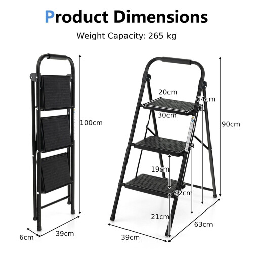 Costway Folding Step Ladder 3-Step Ladder Portable Step Stool 265KG Capacity 1