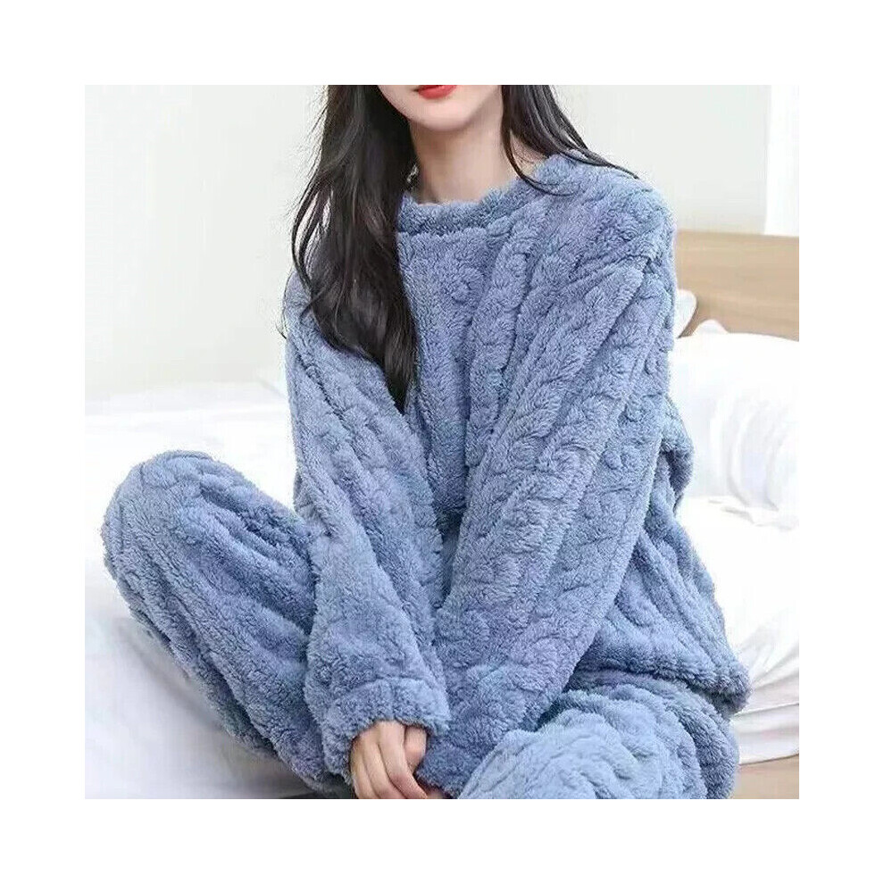 (Blue, M) Womens Pyjamas Sets Warm Fleece Loungewear Pjs Winter Fluffy Soft Nightwear UK