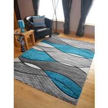 (160cm x 220cm, Teal) Large Small Living Room Rug Wave Design Hallway Runner