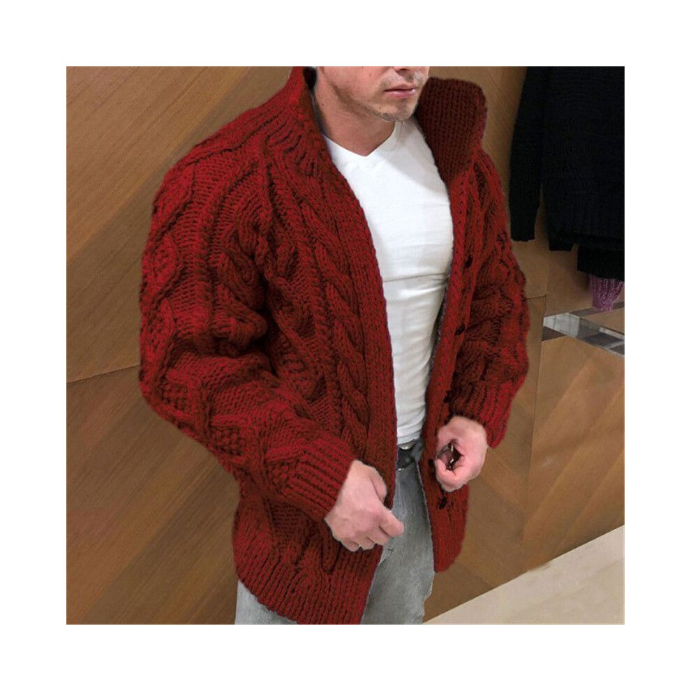 (Burgundy, 2XL) .Chunky Cable Knit Sweater Cardigan Jacket Warm Fashion Jumper Knit Jacket Men's
