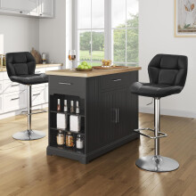 (Black) Modern Adjustable Bar Stools, Set of 2, PU Leather