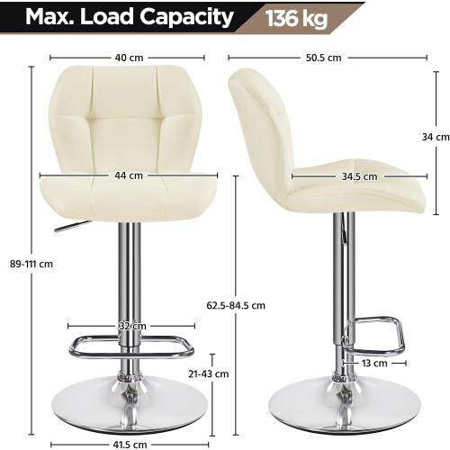 (Beige) Modern Adjustable Bar Stools, Set of 2, PU Leather 2