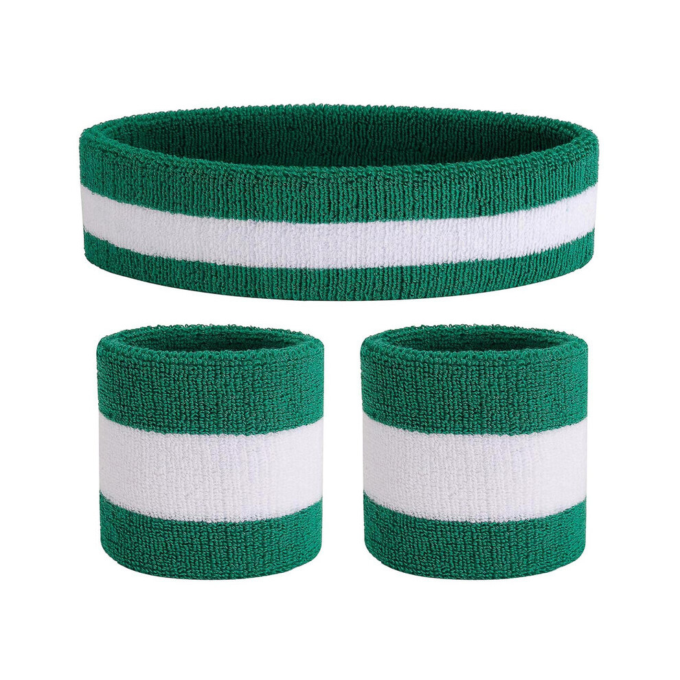 (Green/White/Green) Sweatband Set Sports Headband Wristband Set Sweatbands Terry Cloth Wristband Wrist Sweatband Headbands Moisture Wicking Sweat Abso-image-OPC-PFWT6DY-NEW