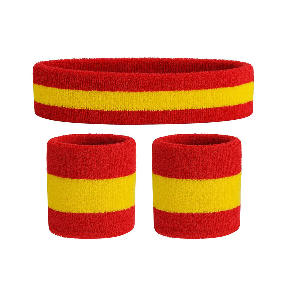 (Red Yellow Red) Sweatband Set Sports Headband Wristband Set Sweatbands Terry Cloth Wristband Wrist Sweatband Headbands Moisture Wicking Sweat Absorbing Head Band