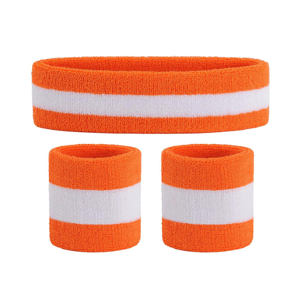 (Orange/White/Orange) Sweatband Set Sports Headband Wristband Set Sweatbands Terry Cloth Wristband Wrist Sweatband Headbands Moisture Wicking Sweat Absorbing Head Band