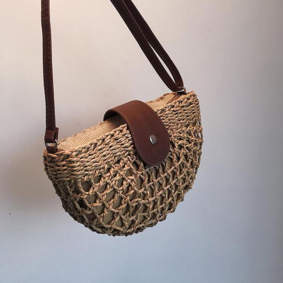 (khaki, 25*7*17cm) Stylish Beach Straw Woven Bohemia Shoulder Crossbody Handbags Women Knitted Casual Messenger Bags Hollowed Purely Hand-made Bags