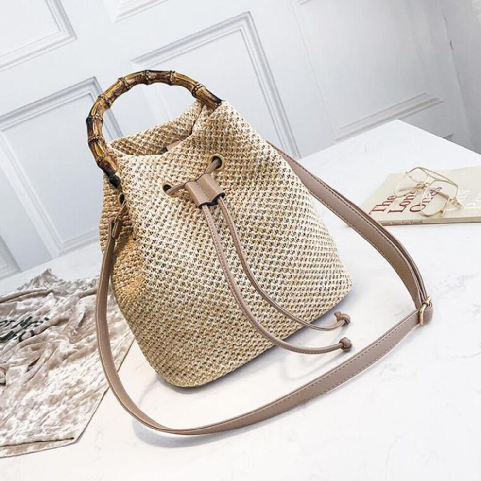 (khaki, 24*14*25cm) Women Handbag Vintage Retro Beach Bag Straw Rope Knitted Bucket Messenger Bag