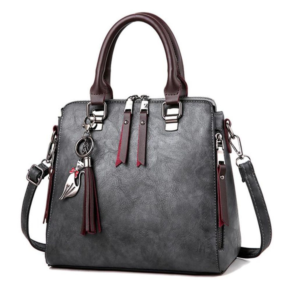 (gray, 24*13*23cm) Yogodlns Double Zipper Crossbody Bags Shoulder Bag Casual Ladie Vintage Cat Tassel Luxury Women Bag