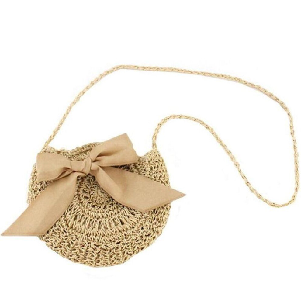 (light brown, 26cm*5cm*26cm) Summer Straw Beach Bag Bow Women Crossbody Bags Round Bags With Bowknot