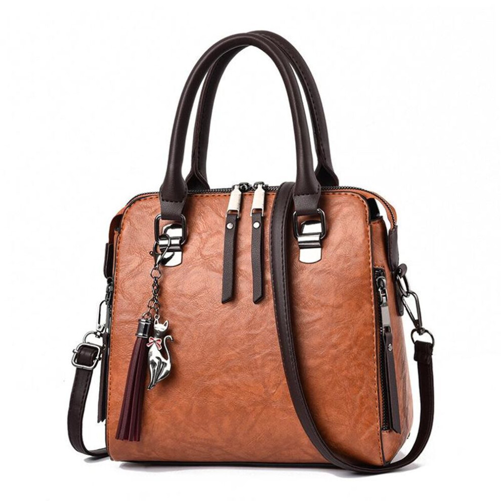 (brown, 26*24*13cm) Fashion Tassel Women Shoulder Bags Large Capacity Casual Female Handbag Rivet Zipper