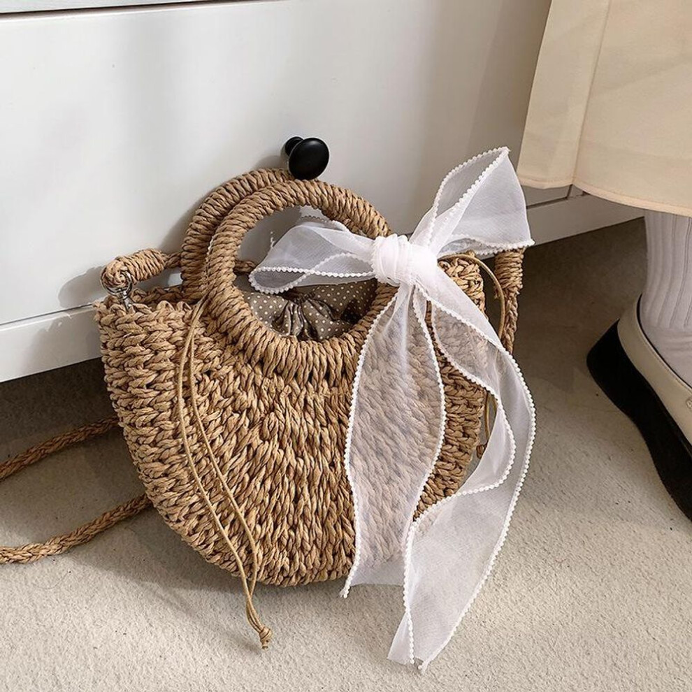(khaki, 24*9*18cm) Handmade Half-round Rattan Woven Straw Beach Bag Summer Women Crossbody Bags