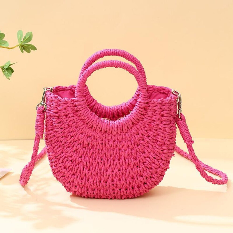 (hot pink, 24*9*18cm) Handmade Half-Round Rattan Woven Straw Beach Bag Summer Women Crossbody Bags