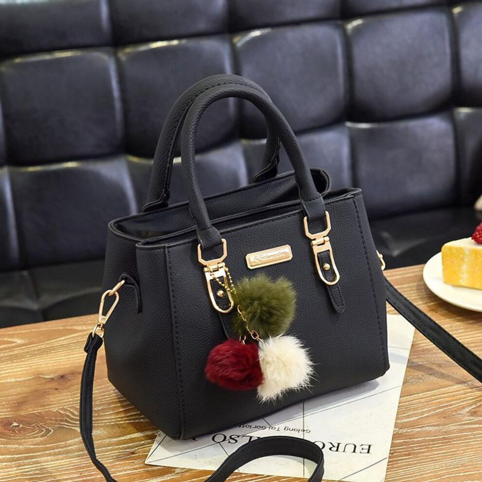 (black, 23*14*18cm) Women Hairball Ornaments Totes Zipper Medium Handbag Hotsale Lady Party Purse