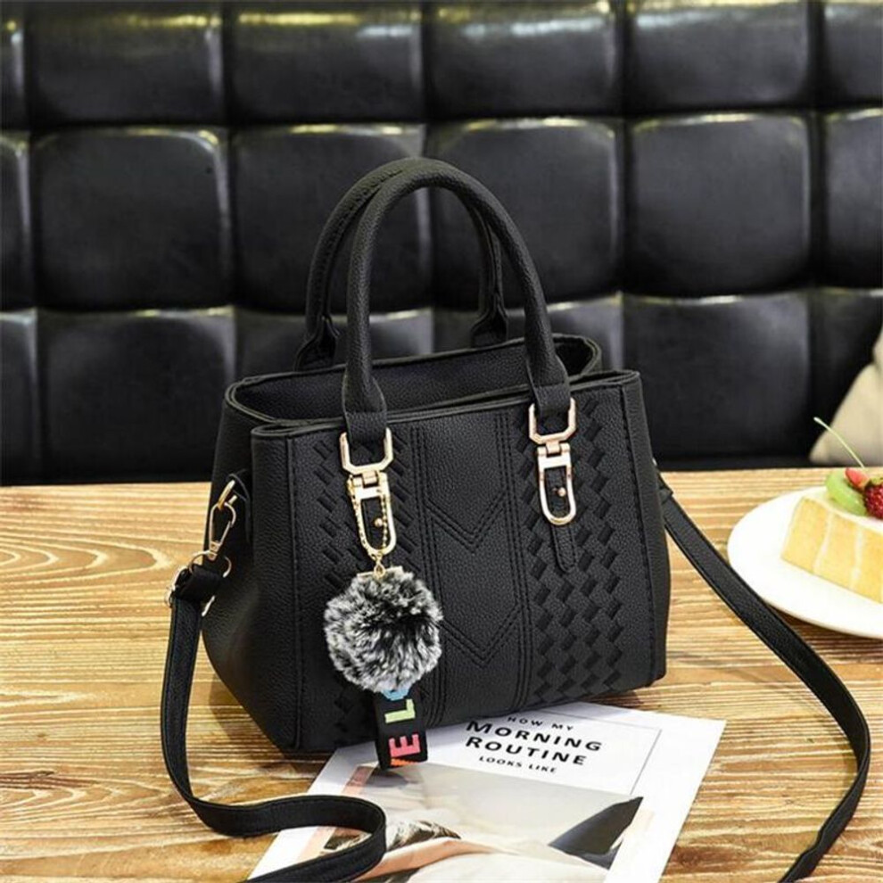 (black, 23cm*14cm*19cm) New Women&apos;s Handbags Thread Pattern Shoulder Bags For Lady Bags With Fur Ball
