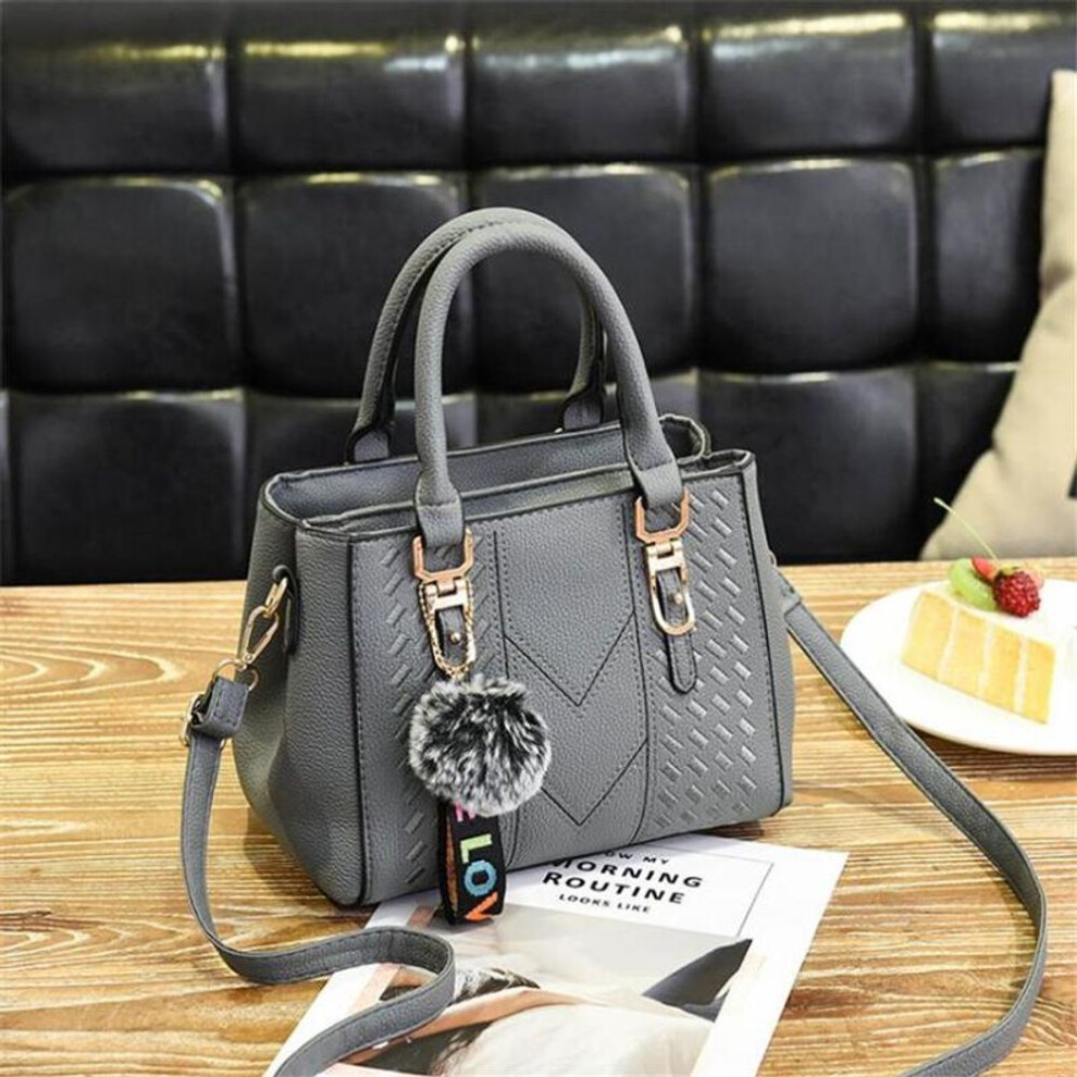 (gray, 23cm*14cm*19cm) New Women&apos;s Handbags Thread Pattern Shoulder Bags for Lady Bags with Fur Ball