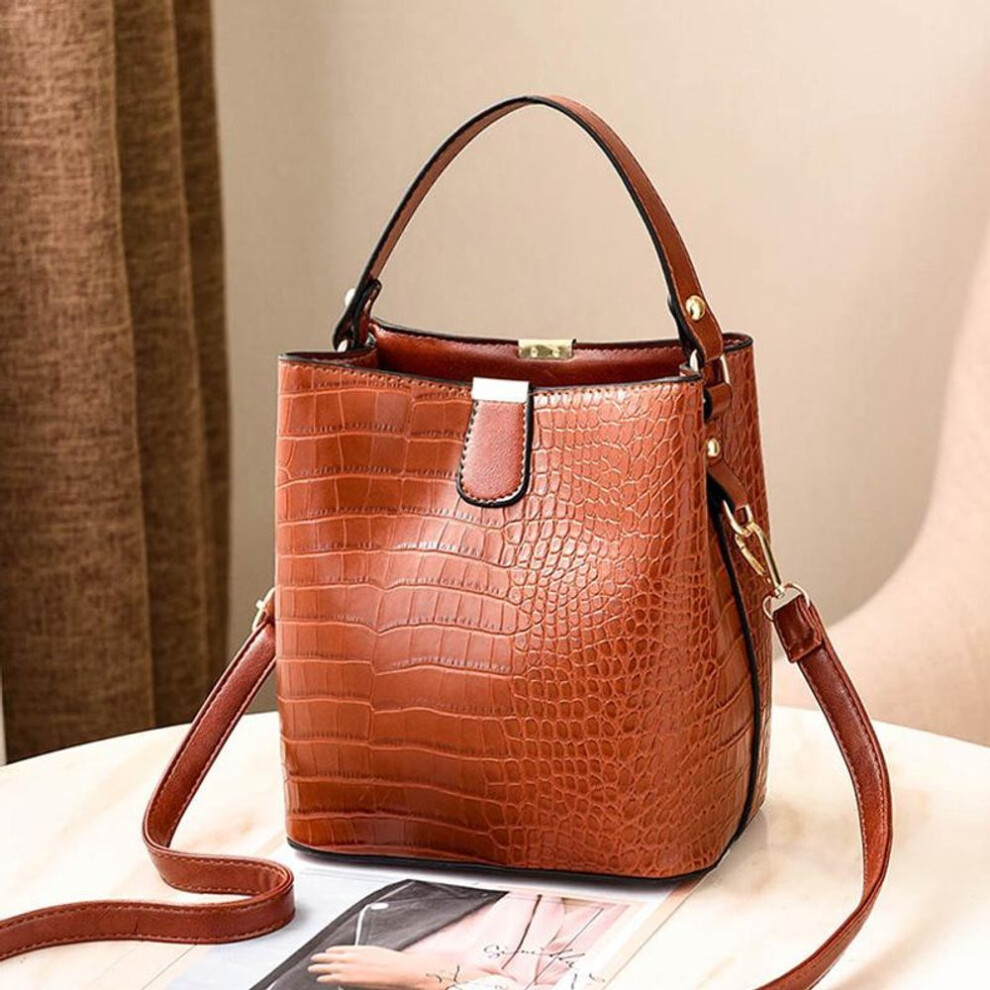 (brown, 20*14*22cm) Yogodlns Women Crocodile Pattern Bucket Handbag Shoulder Messenger Bags Ladies Pu Purse