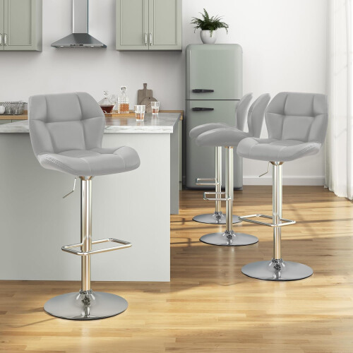(Light Grey) Modern Adjustable Bar Stools, Set of 2, PU Leather