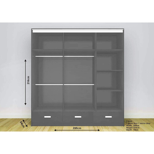(205cm, Grey) Modern High Gloss Sliding door Wardrobe with Long LED 2