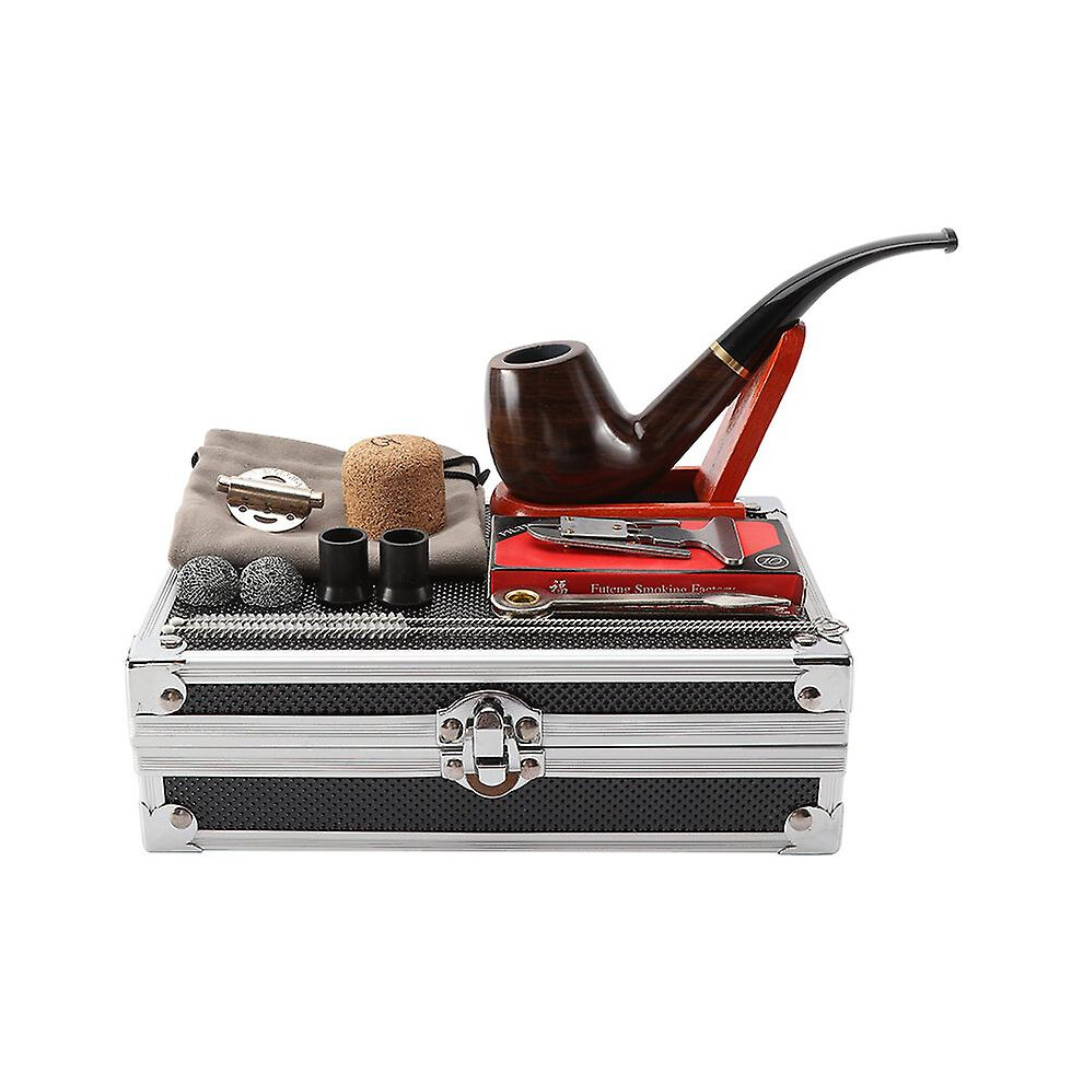 Exquisite Aluminum Alloy Gift Box Retro Bent Pipe Smoking Set And Accessories. Set Smoking Pipe For Tobacco Handmade Of Solid Ebony Wood, With Accesso