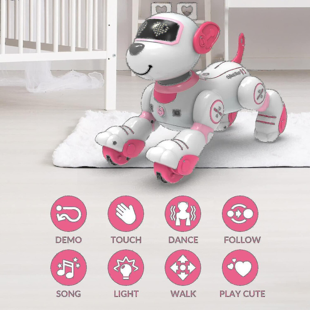 (Pink) Remote Control Robot Dog Toy, Programmable Interactive Smart Dancing Robots For Kids 3 And Up, Rc Stunt Toy Dog With Sound Led Eyes, Electronic Pink