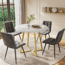 Dining Table Set with 4 Chairs, White MDF Table Top, Dark Grey Chairs