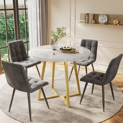 Dining Table Set with 4 Chairs, White MDF Table Top, Dark Grey Chairs