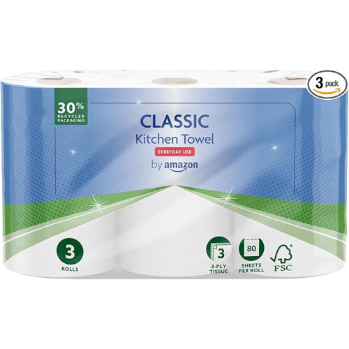 by Amazon Classic Kitchen Roll, 3-ply, (1 Pack of 3)