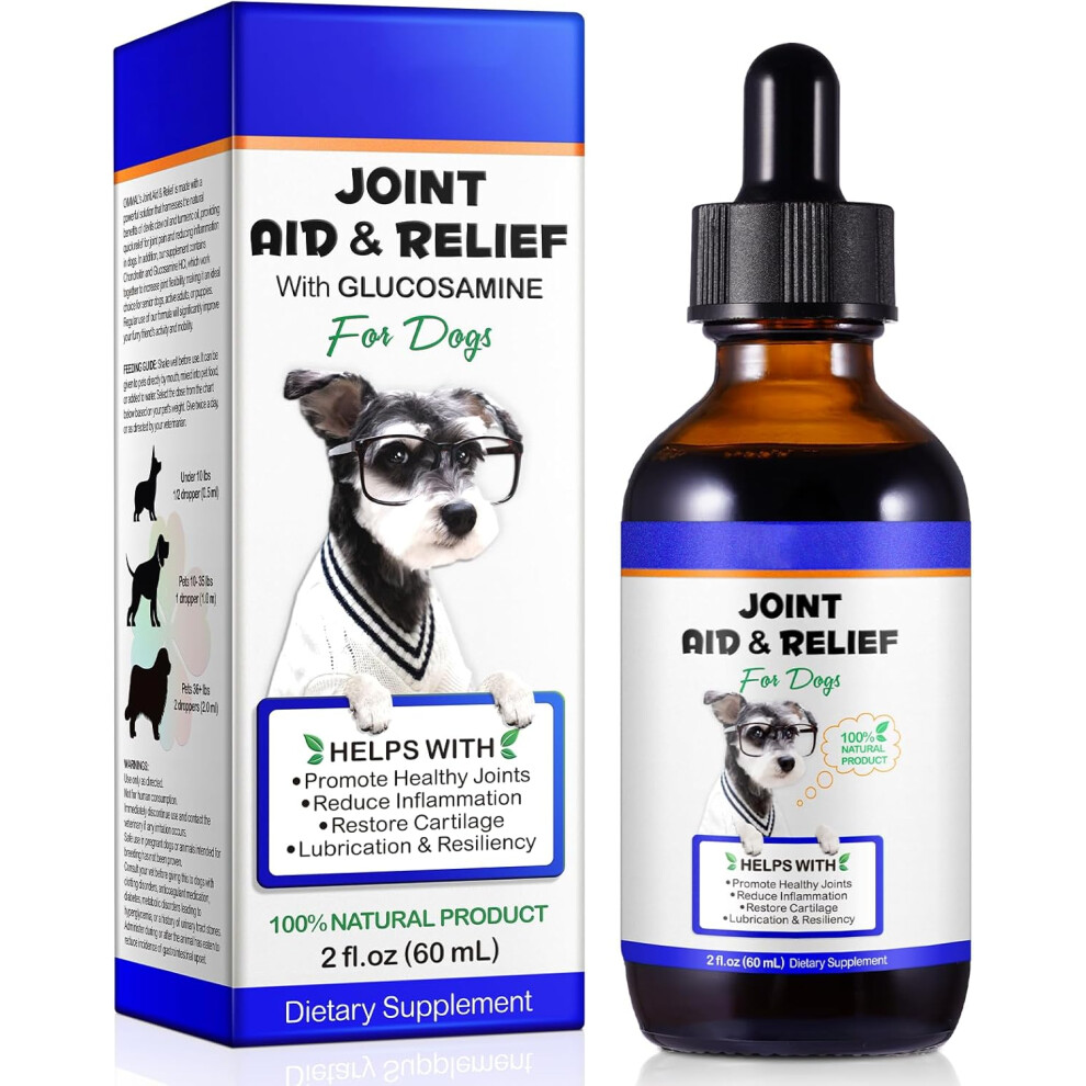 (2 fl oz) Joint & Hip Supplement with Glucosamine for Dogs, Joint Aid Liquid Drops with Chondroitin and Turmeric Oil Supports Dog Joint Pain Relief