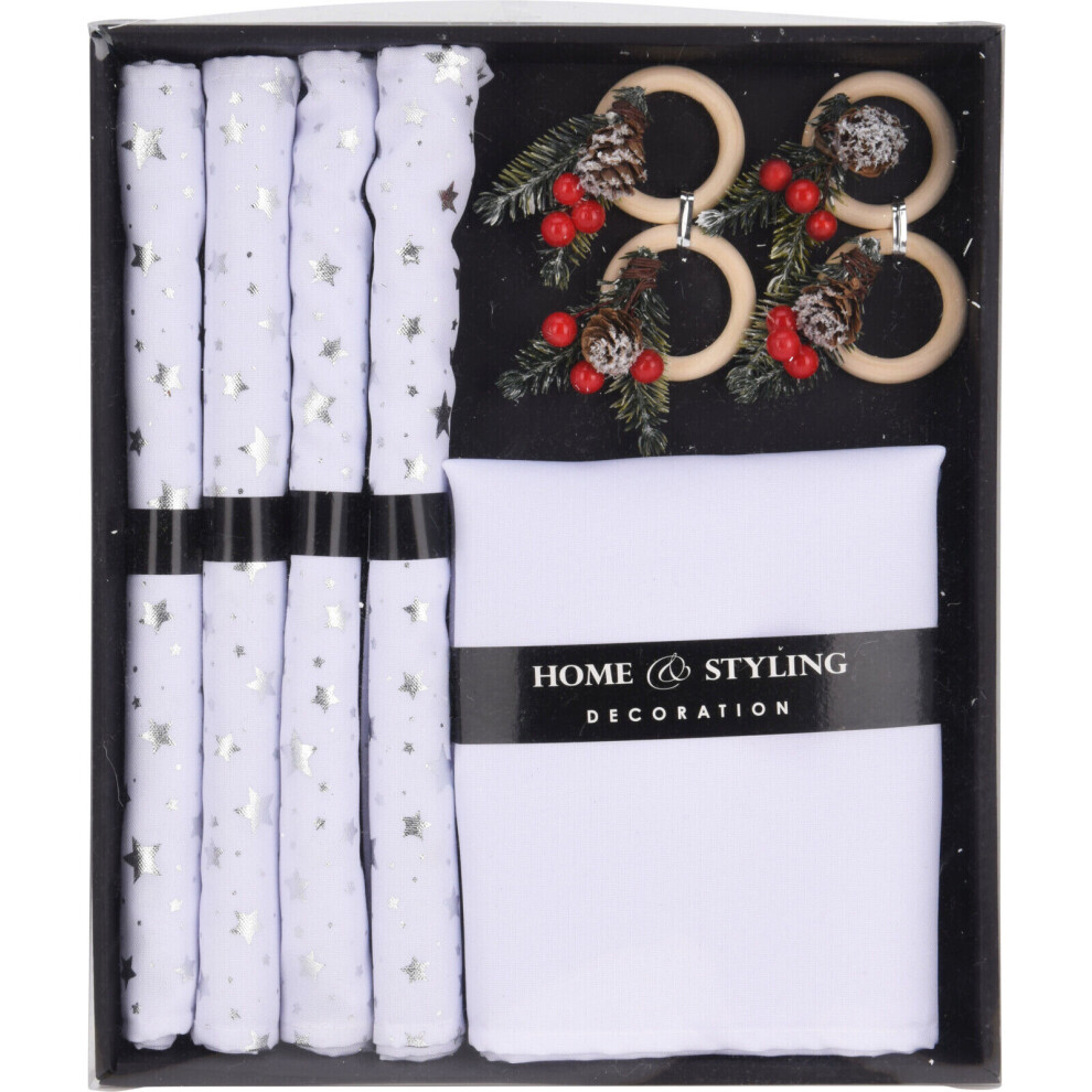 Urbn Living ( Silver) 12 Pcs Washable Christmas Placemat & Napkin Ring Set Festive Acorn Berries Decor White/Silver