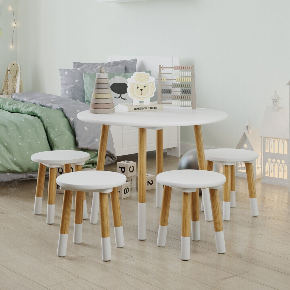 (Table with 4 Stools, White) Kids Wooden Round Table & Chair Set Toddlers Small Children Home Nursery Play