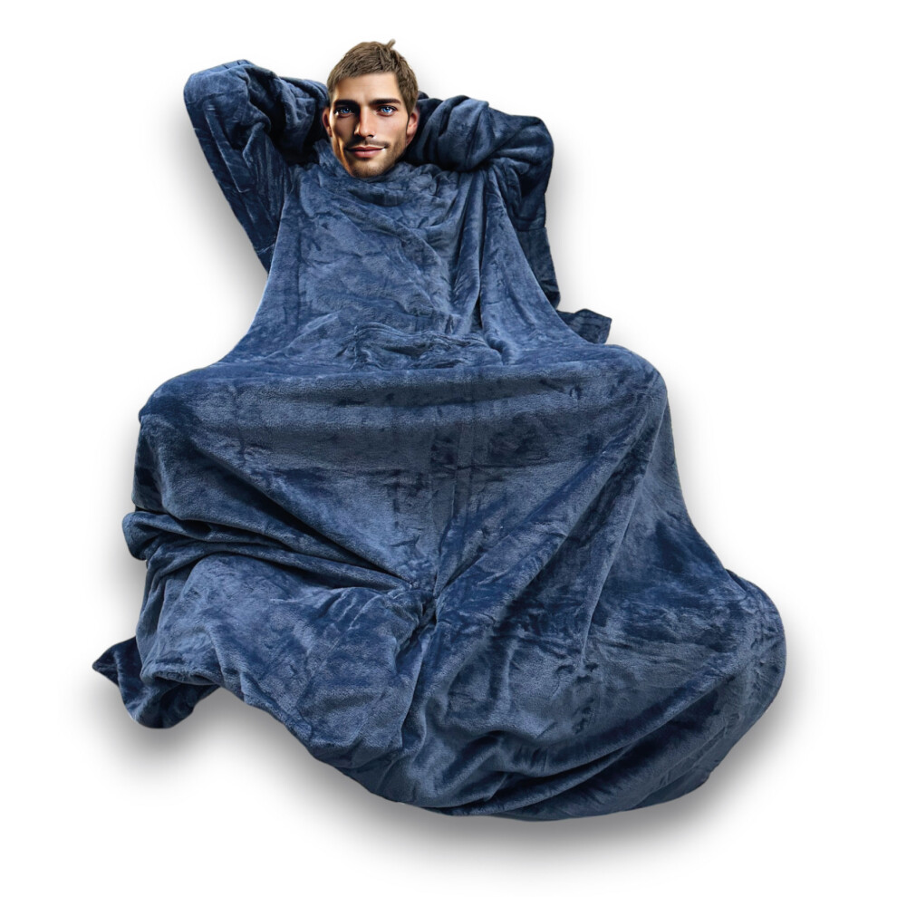 (Navy Blue) Wearable Fleece Blanket with Sleeves 170x200cm