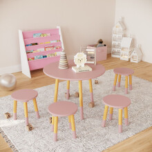 (Table with 4 Stools, Pink) Kids Wooden Round Table & Chair Set Toddlers Small Children Home Nursery Play